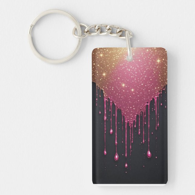 Pink Glitter Drip With Sparkling Stars Key Ring (Front)