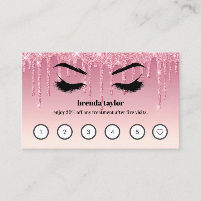Pink Glitter Drips Browbar Eyelash Custom Loyalty  Business Card (Front)