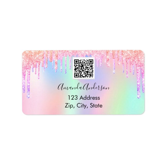 Pink glitter drips business qr code return address label (Front)