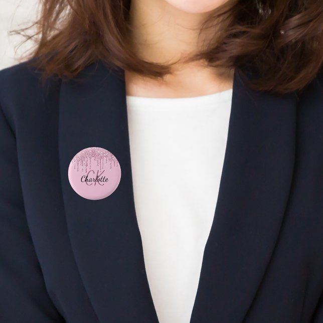 Pink glitter drips custom monogram name 3 cm round badge (Creator Uploaded)