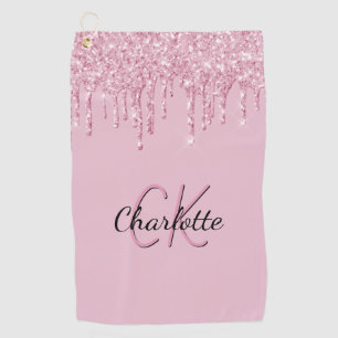 Pink glitter drips custom monogram name golf towel