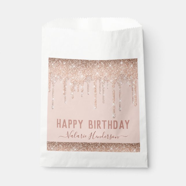 Pink Glitter Drips Happy Birthday Napkins Favour Bags (Front)