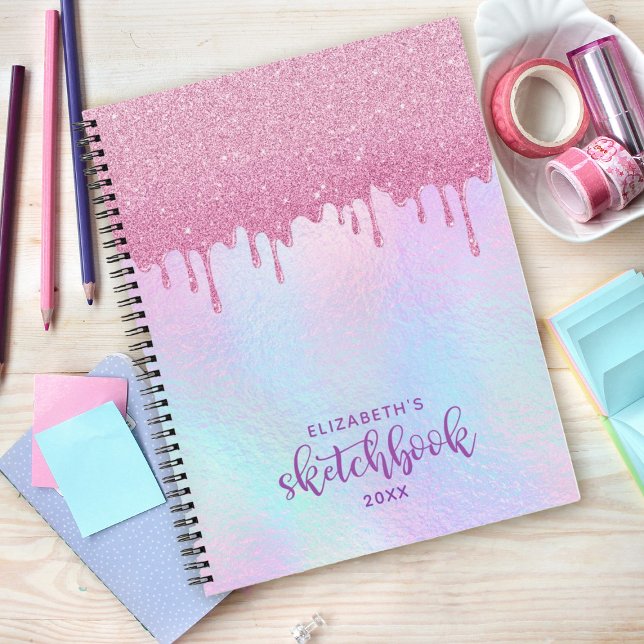 Pink Glitter Drips Holographic Unicorn Sketchbook  Notebook (Pink dripping glitter holographic sketchbook. Personalize it with your name.)