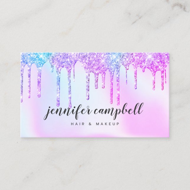 Pink glitter drips makeup hair holographic unicorn business card (Front)