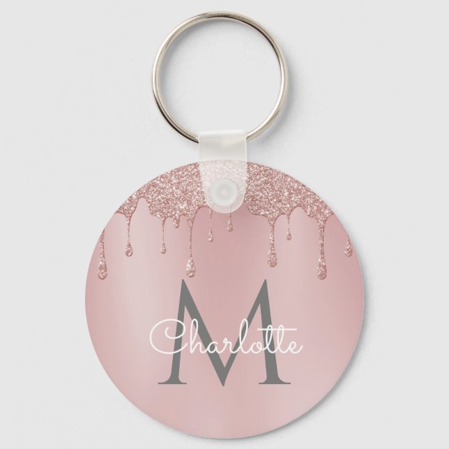 Pink Glitter Drips Monogram Elegant Chic Script Key Ring (Front)