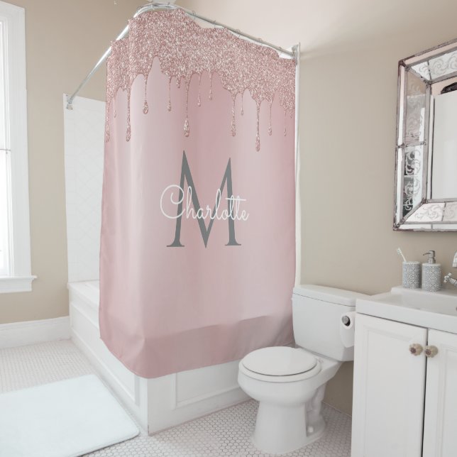 Pink Glitter Drips Monogram Elegant Girly Script Shower Curtain (In Situ)