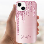 Pink glitter drips name girly name iPhone 15 case<br><div class="desc">An elegant,  girly and glam phone case. Blush pink background and faux glitter drip,  paint dripping look. Insert your name,  written with a modern hand lettered style script. Dark rose gold coloured letters.</div>