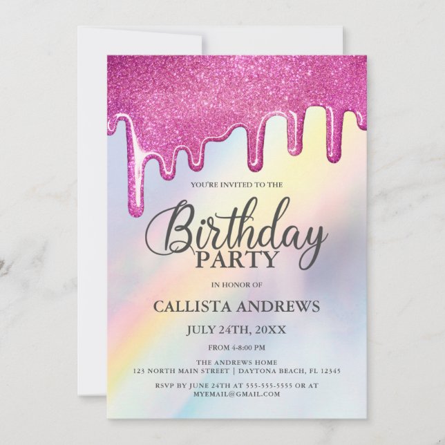 Pink Glitter Drips Rainbow Holographic Birthday Invitation (Front)