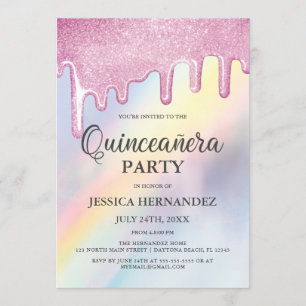 Pink Glitter Drips Rainbow Holographic Quinceañera Invitation