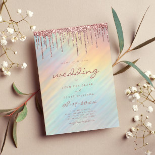 Pink Glitter Drips Rainbow Holographic Wedding  Invitation