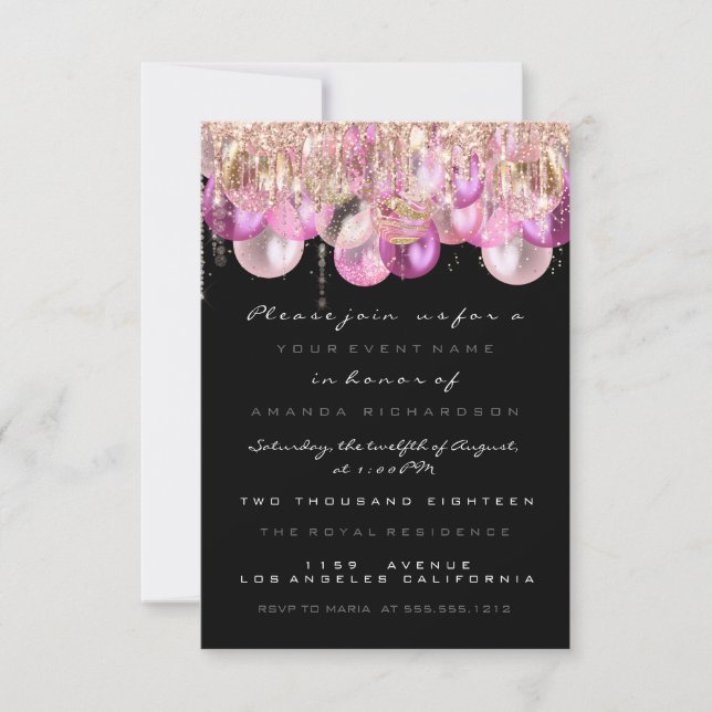Pink Glitter Drips Rose Black  Bridal Sweet 16th Invitation (Front)