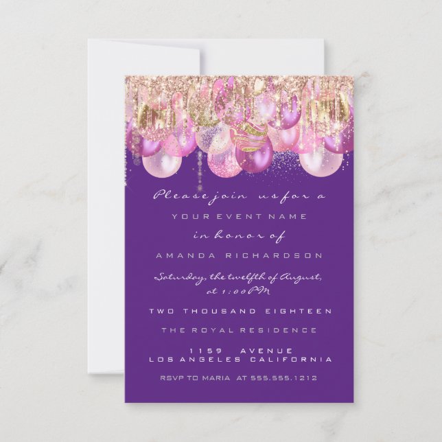 Pink Glitter Drips Rose Violet Bridal Sweet 16th Invitation (Front)