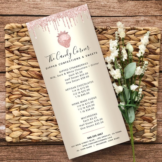 Pink Glitter Drips Strawberry Dessert Gold Menu (Creator Uploaded)