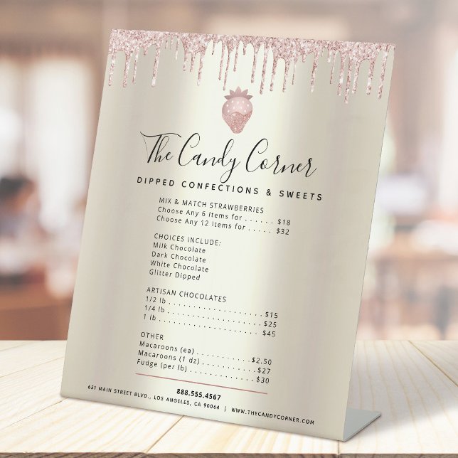 Pink Glitter Drips Strawberry Menu Price List Gold Pedestal Sign (Creator Uploaded)