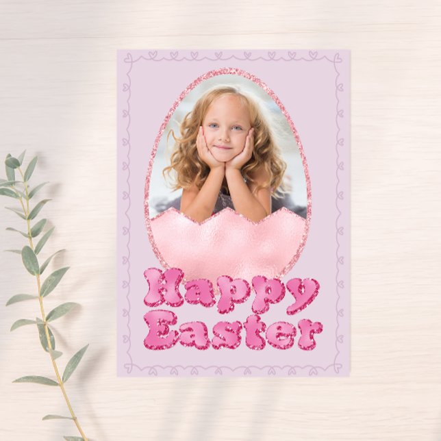 Pink Glitter Easter Egg Custom Photo Holiday Card (Creator Uploaded)