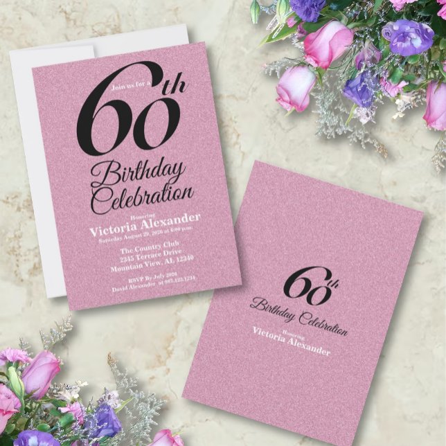 Pink Glitter Elegant 60th Birthday Party Invitation (Pink Glitter Elegant 60th Birthday Party)
