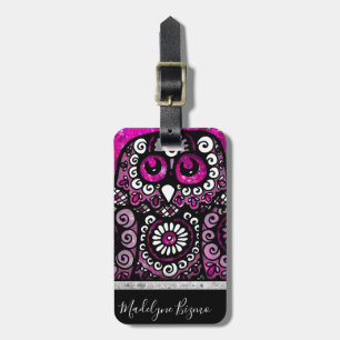 Pink Glitter Elegant Black Girly Travel Bird Owl Luggage Tag
