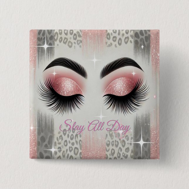 Pink Glitter Eyelashes 15 Cm Square Badge (Front)