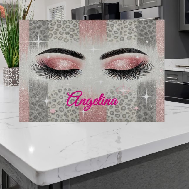 Pink Glitter Eyelashes  Cutting Board (Glam pink glitter lashes cutting board — glam gift for bridal party, bachelorette, or birthday)