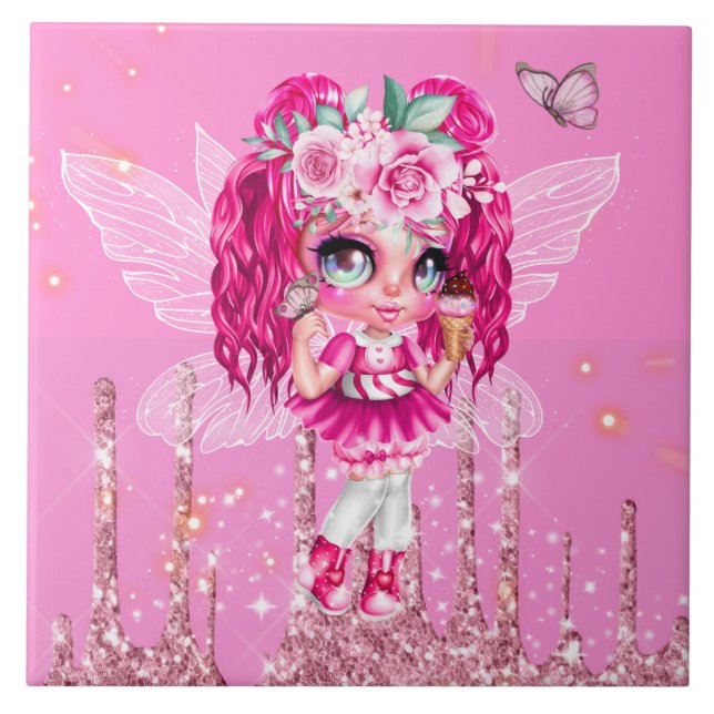 Pink glitter fairy cute anime girl mythical fae tile (Front)