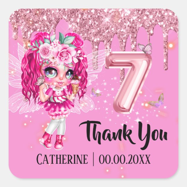 Pink glitter fairy cute girls thank you 7th party square sticker (Front)