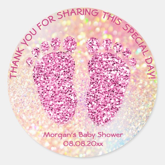 Pink Glitter Feet Baby Shower Favour Thank Girl VI Classic Round Sticker (Front)