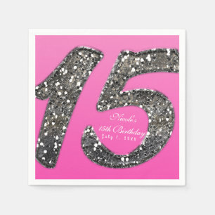 Pink & Glitter Fifteen 15 Birthday Party Custom Napkin