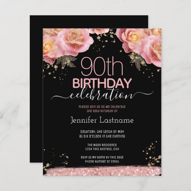 Pink Glitter Floral 90th Birthday Invitations (Front/Back)