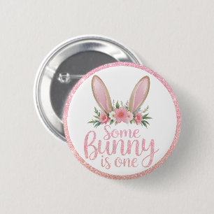 Pink Glitter Floral Bunny Ears Some Bunny's Mummy  6 Cm Round Badge