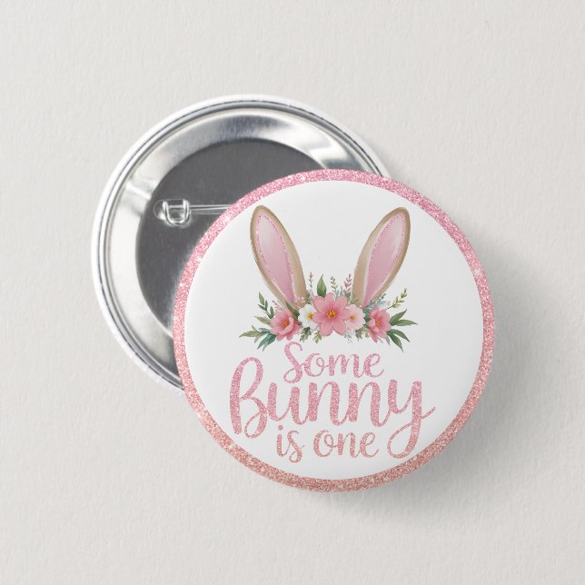 Pink Glitter Floral Bunny Ears Some Bunny's Mummy  6 Cm Round Badge (Front & Back)