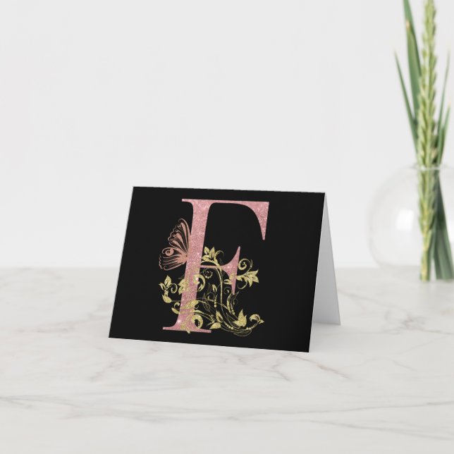 Pink Glitter Floral Letter F  Note Card (Front)