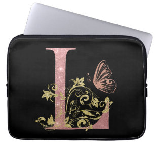 Pink Glitter Floral Letter L   Laptop Sleeve
