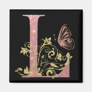 Pink Glitter Floral Letter L Magnet