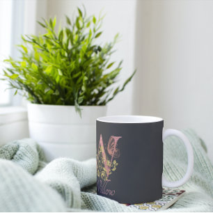 Pink Glitter Floral Letter W Coffee Mug
