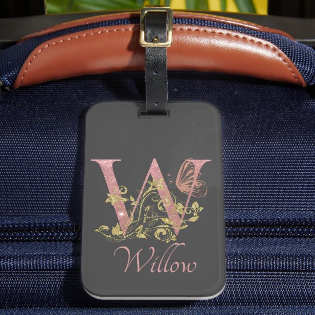 Pink Glitter Floral Letter W  Luggage Tag (Front Insitu 2)