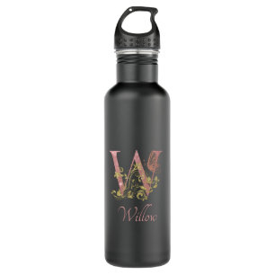 Pink Glitter Floral Letter W Matte Black 710 Ml Water Bottle