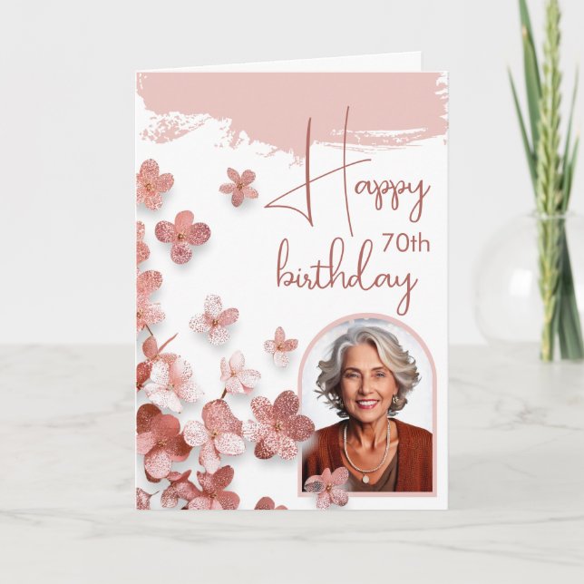 Pink Glitter Flower Floral Photo 70th Birthday Card (Front)