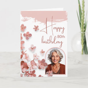 Pink Glitter Flower Floral Photo 80th Birthday Card