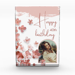 Pink Glitter Flowers Floral 40th Birthday Photo Block