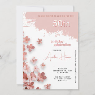  Pink Glitter Flowers Floral 50th Birthday Invitation
