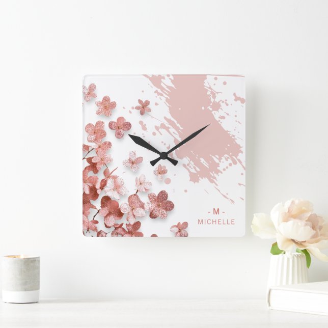 Pink Glitter Flowers Floral Brushstroke Monogram Square Wall Clock (Home)