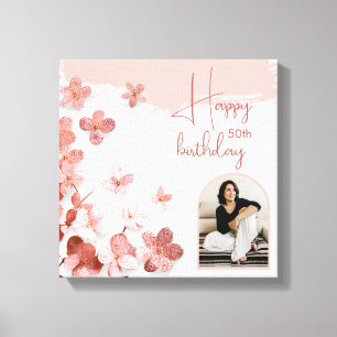 Pink Glitter Flowers Floral Photo 50th Birthday Canvas Print