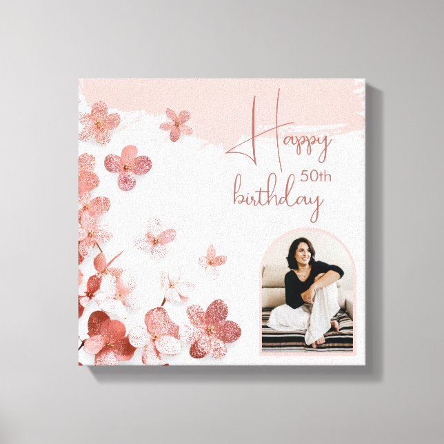 Pink Glitter Flowers Floral Photo 50th Birthday Canvas Print (Front)