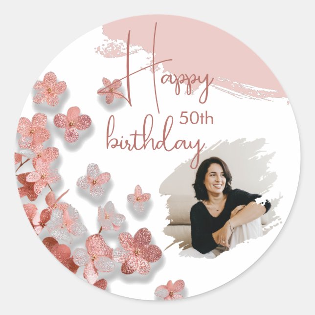 Pink Glitter Flowers Floral Photo 50th Birthday Classic Round Sticker (Front)