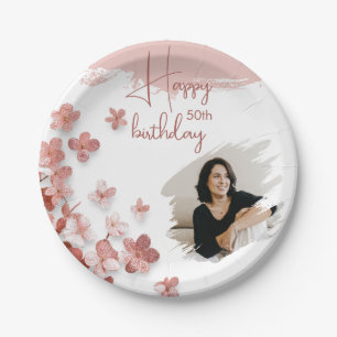 Pink Glitter Flowers Floral Photo 50th Birthday Paper Plate