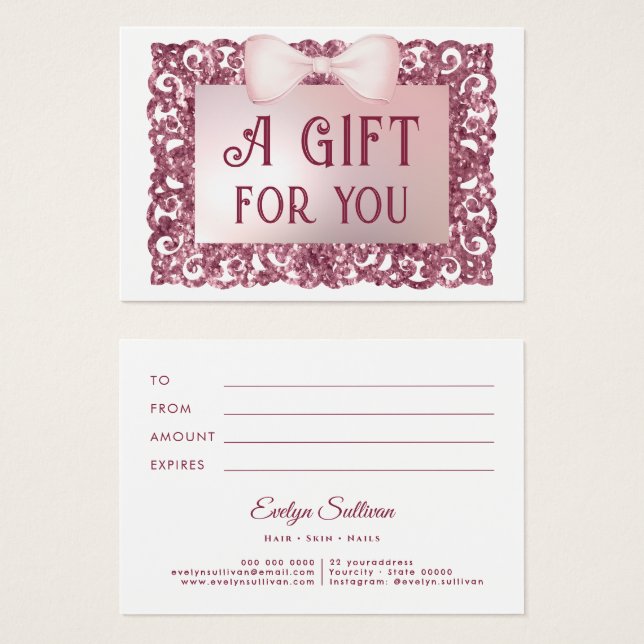 Pink glitter frame bow gift card (Front & Back)