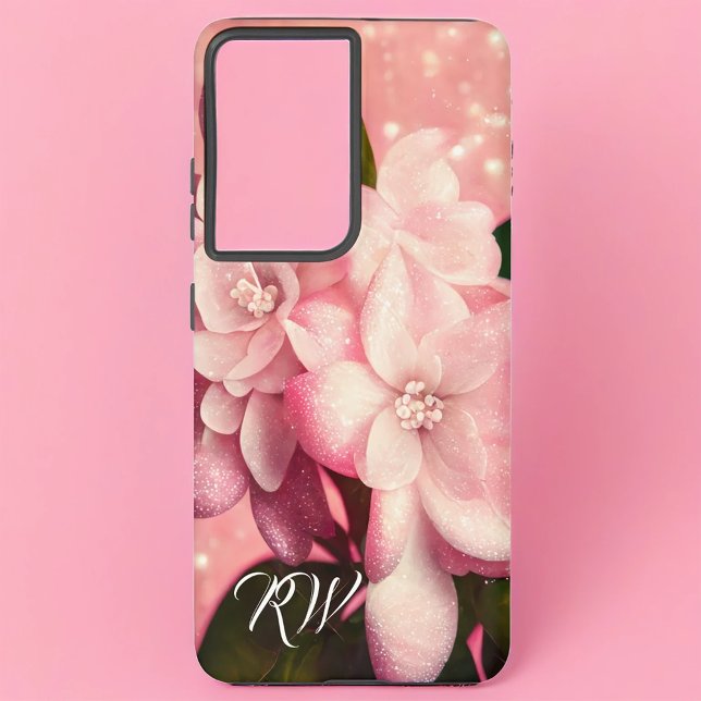 Pink Glitter Gardenia Monogram Samsung Galaxy S21+ Case (Creator Uploaded)