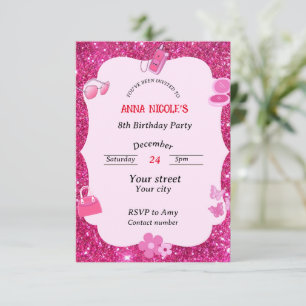 Pink Glitter Girl Birthday Invitation Card