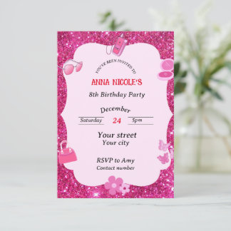 Pink Glitter Girl Birthday Invitation Card