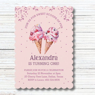 Pink Glitter Girl Ice Cream 1st Birthday Party Invitation